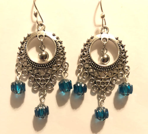 Teal Blue Czech Glass Bead Chandelier Earrings